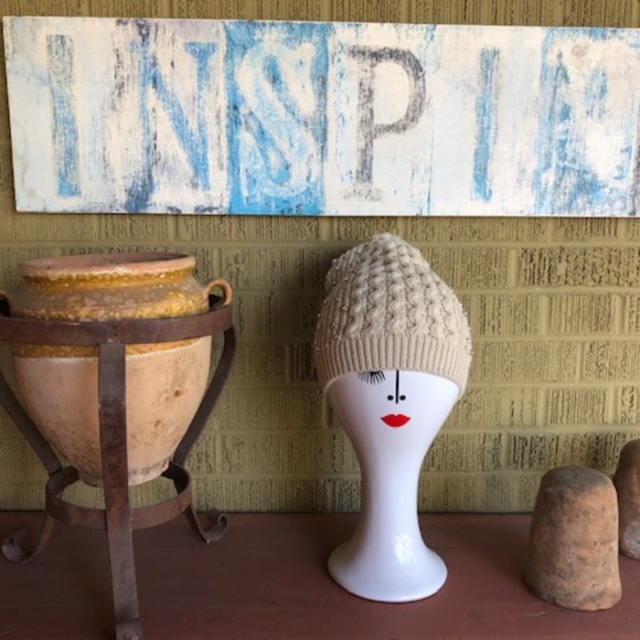 Women's Beige Hand Knit Winter Hat w / Rhinestones O/S - Picture 6 of 9